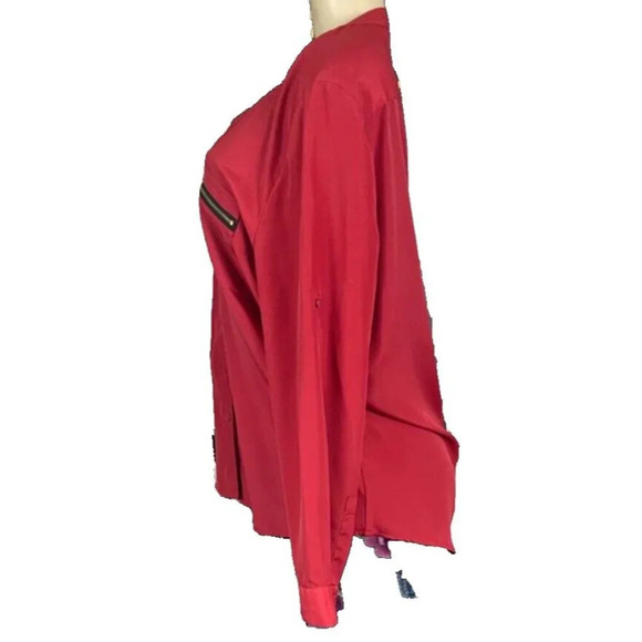Harve Bernard XL Tomato Red Button Split Neckline Zip Pockets Long Sleeve Blouse - Picture 3 of 6